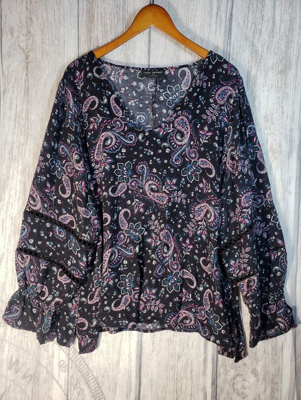 Lane Bryant Black Boho Peasant Blouse Shirt Size 26/28 Paisley Lace Trim Flowy